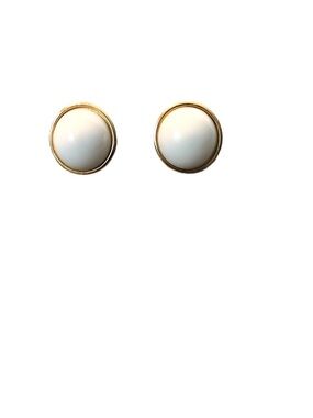 White Round Dome Button Clip On Earrings with Gold Trim